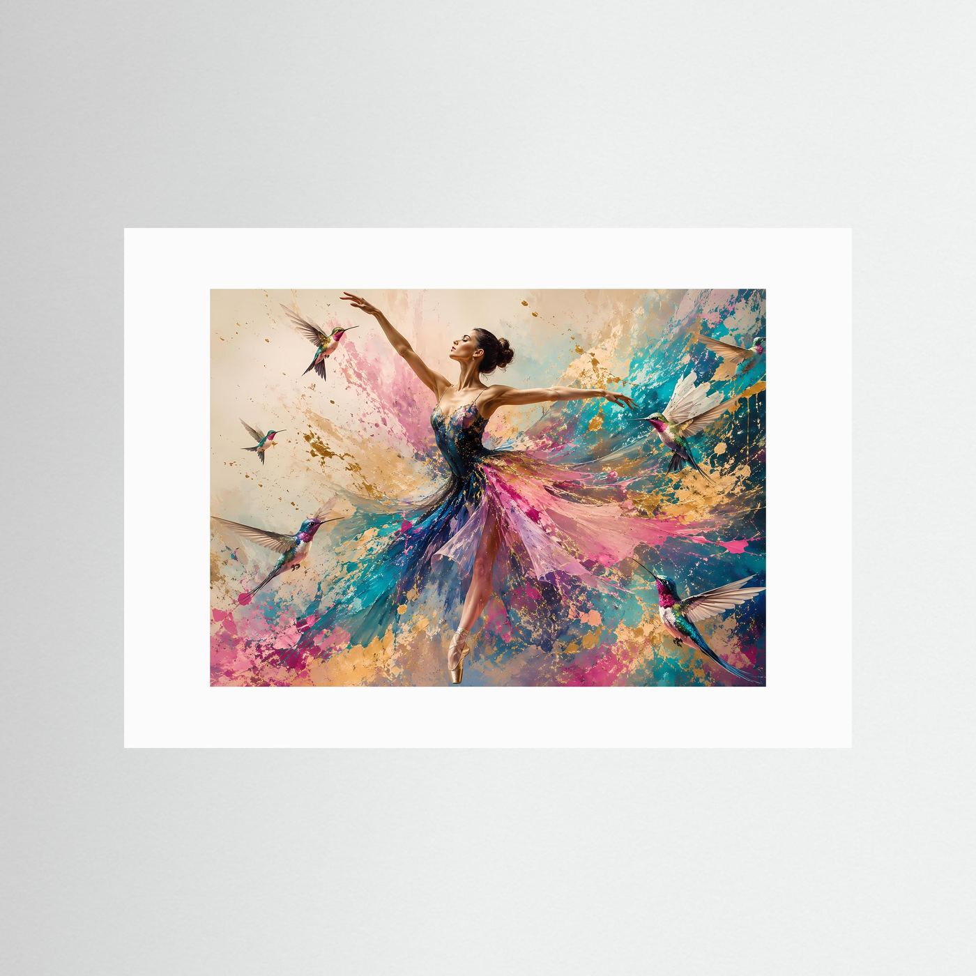 Ballerina mit Kolibris Poster | Elegante Tanzkunst Wandbild | Abstrakte Ballett Kunst | Farbenfroher Fine Art Print | Modernes Wandbild
