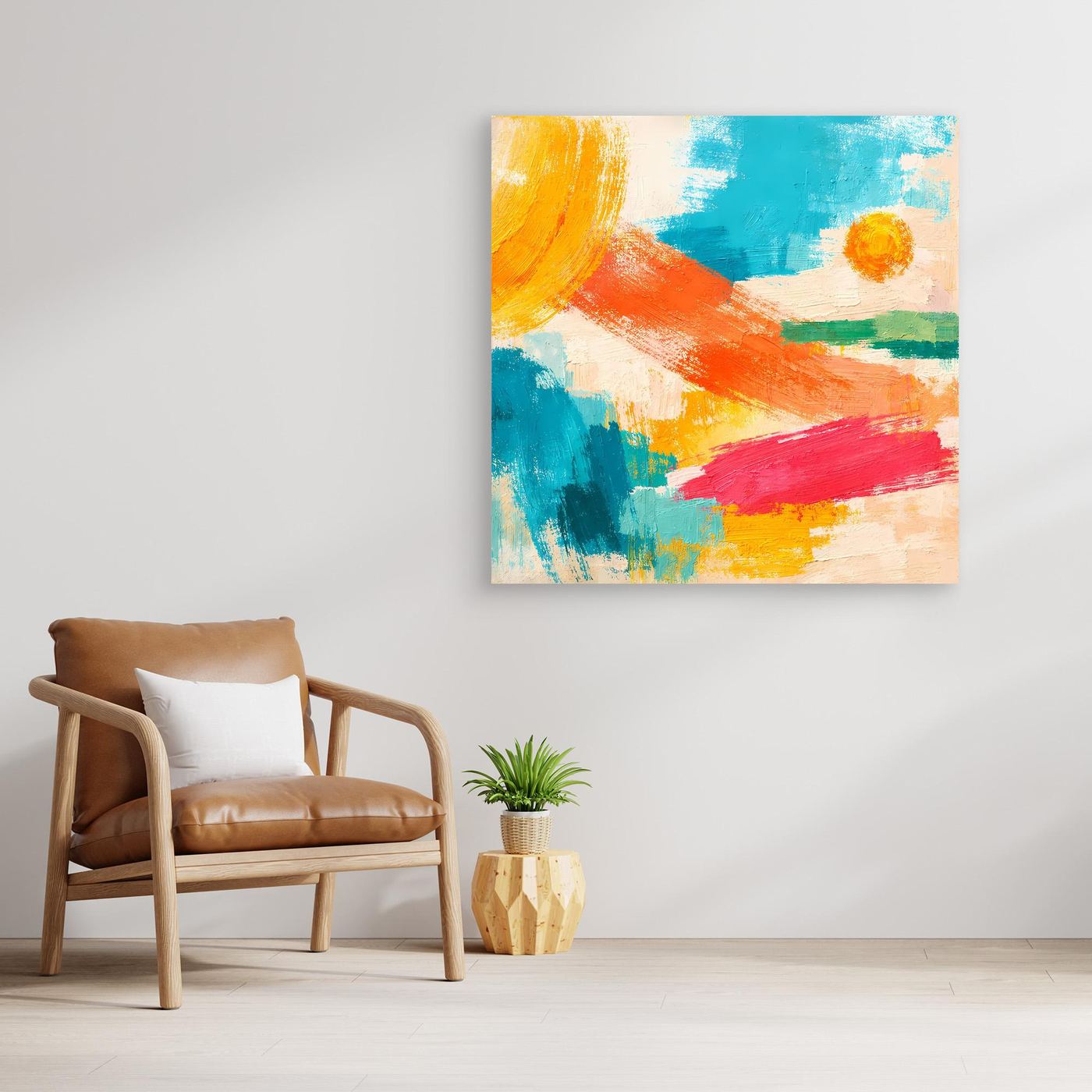 Unframed abstract wall art with blue, orange, pink, and yellow brushstrokes