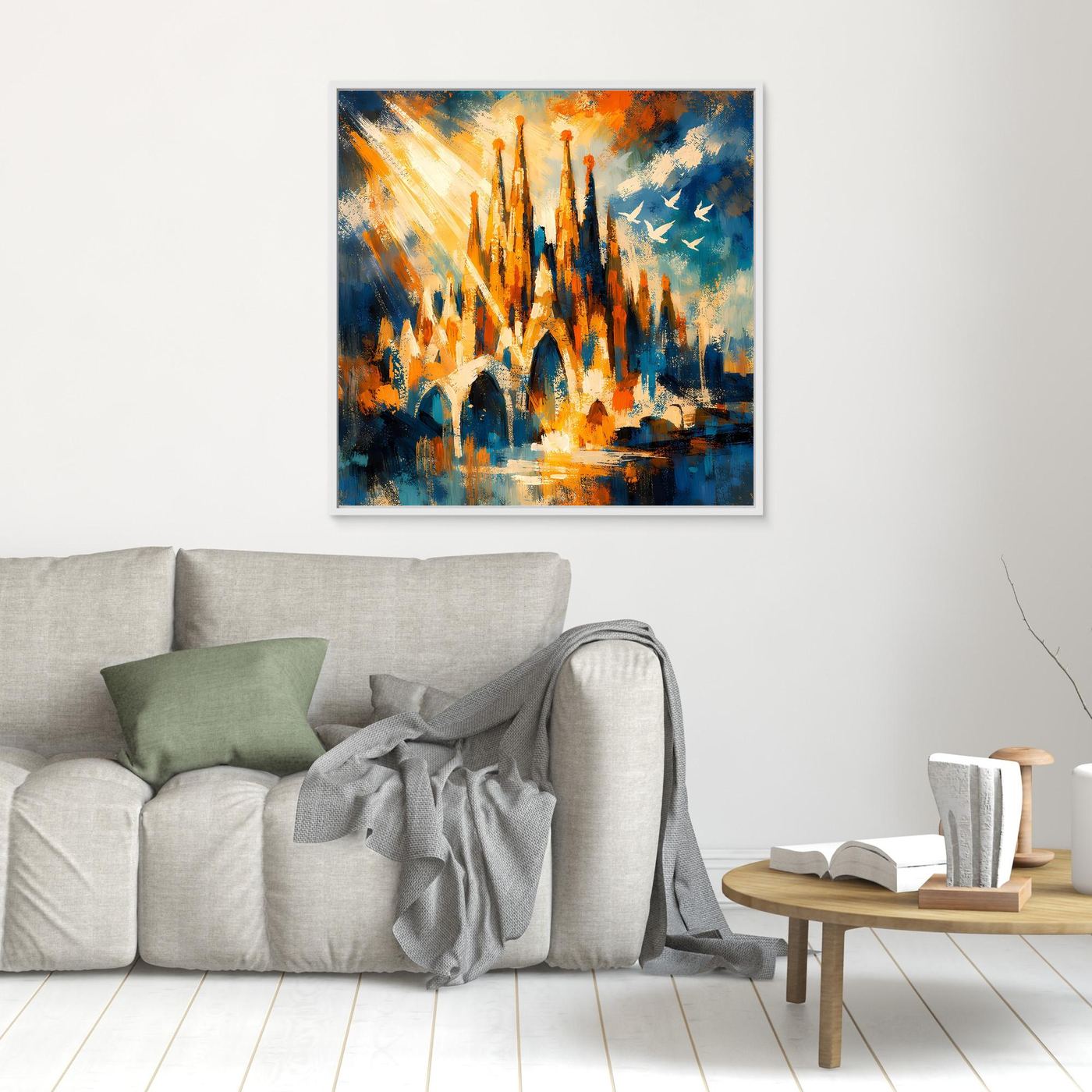 Abstraktes Leinwandbild mit Sagrada-Familia-Türmen, hellgrauer Rahmen