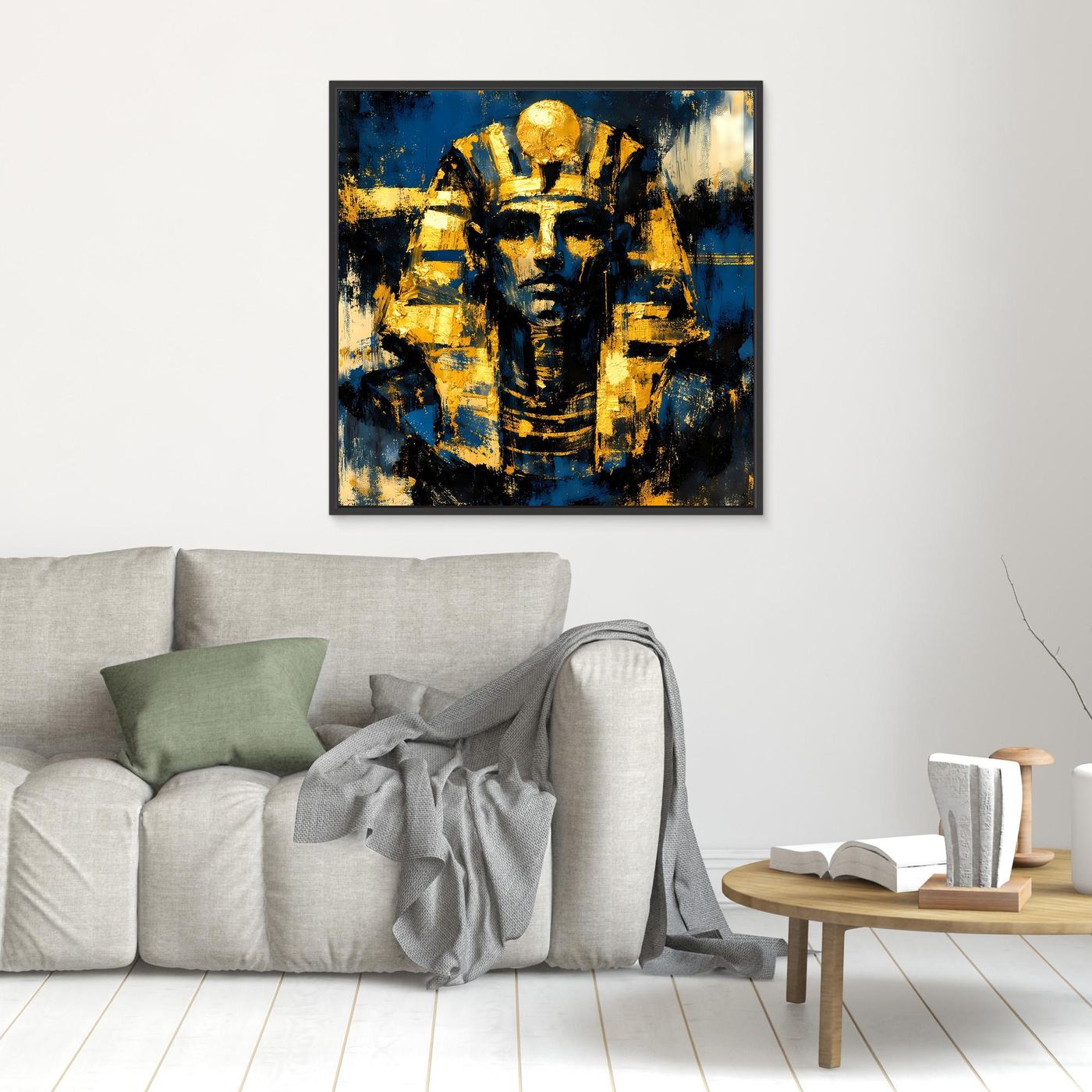 Ägyptisches Wandbild mit Pharao-Maske, goldene Akzente, schwarzer Rahmen