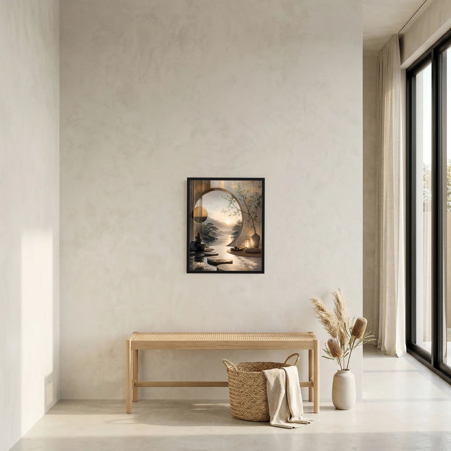 Hochformat-Poster im schwarzen Rahmen mit asiatischer Zen-Landschaft, rundem Mond und Laterne