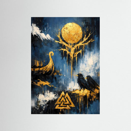 Kunstposter ohne Rahmen, abstrakt blau mit goldener Sonne, Baum und schwarzem Rabenmotiv
