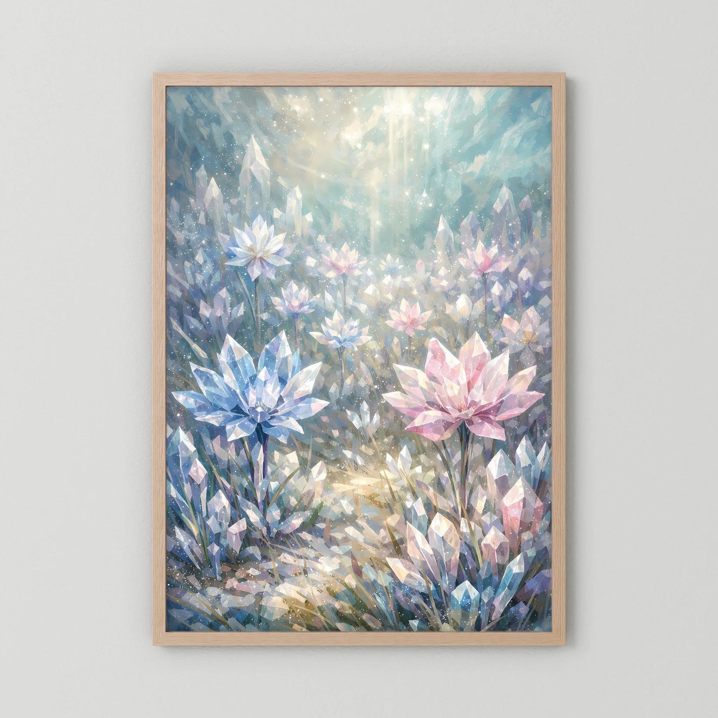 Hochformat-Poster mit Kristallblumen in Pastellblau und Rosa, Holzrahmen natur.