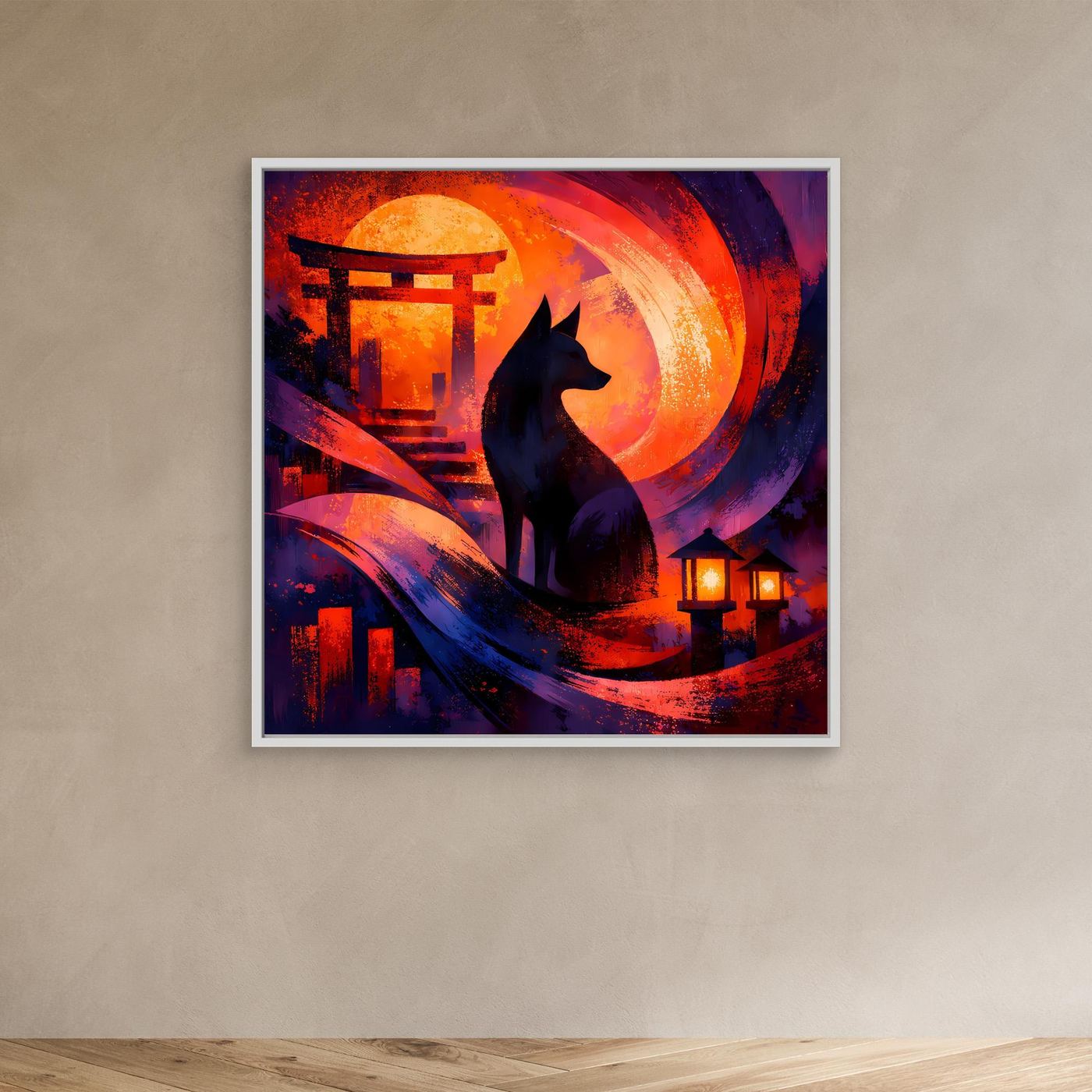 Abstraktes Leinwand-Wandbild mit weißem Rahmen: Kitsune am Torii, Mondsichel, Laternen