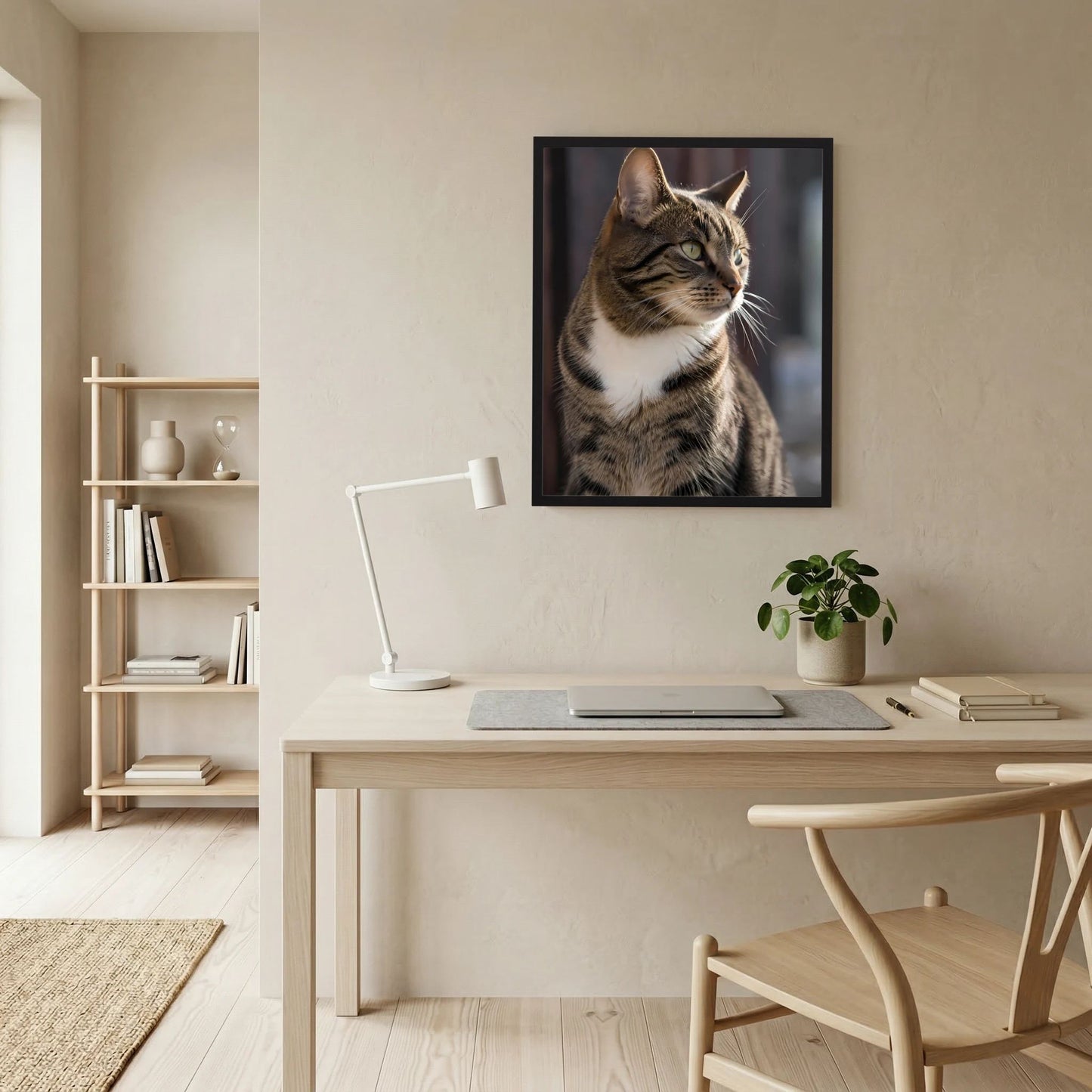 Gerahmtes Poster mit Porträt einer getigerten Katze, weißer Brustbereich, seitlicher Blick