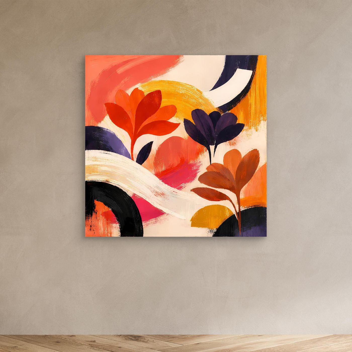 Leinwandbild abstrakte Blumen, nur Leinwand mit Rot-Orange-Violett auf hellem Grund
