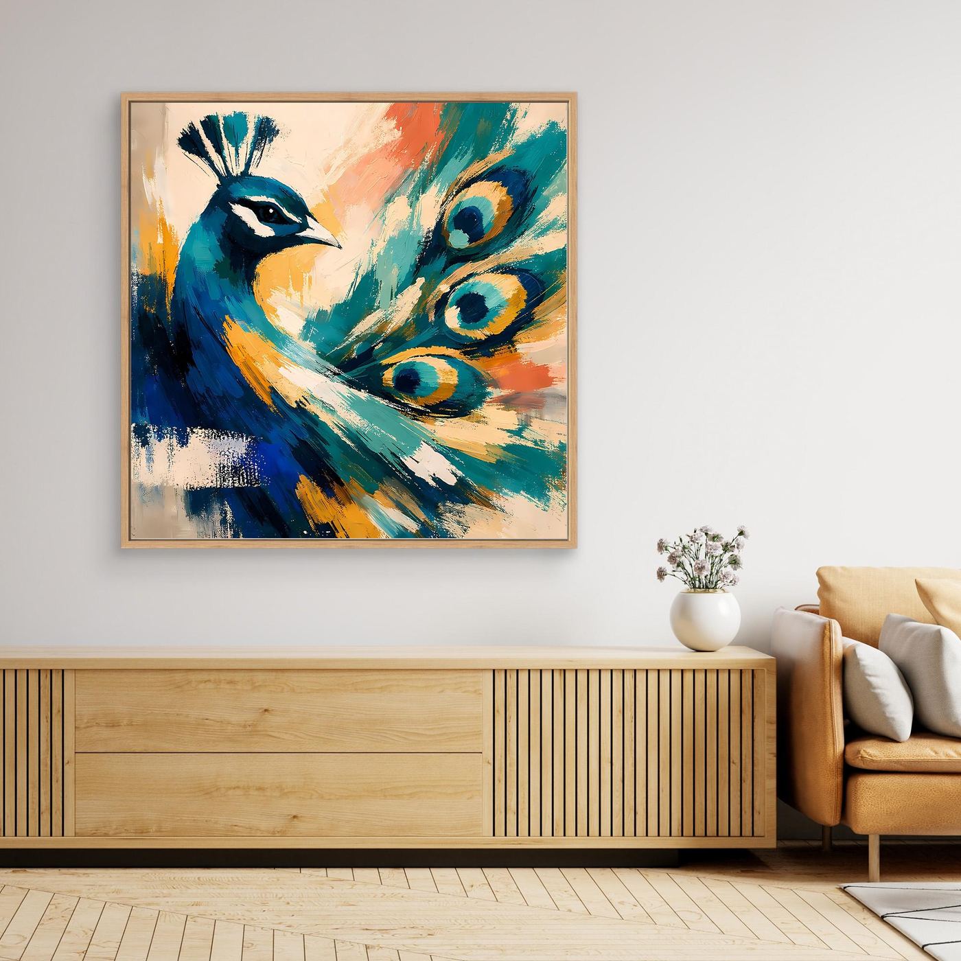 Abstract peacock canvas wall art in light wood frame with blue teal feathers
