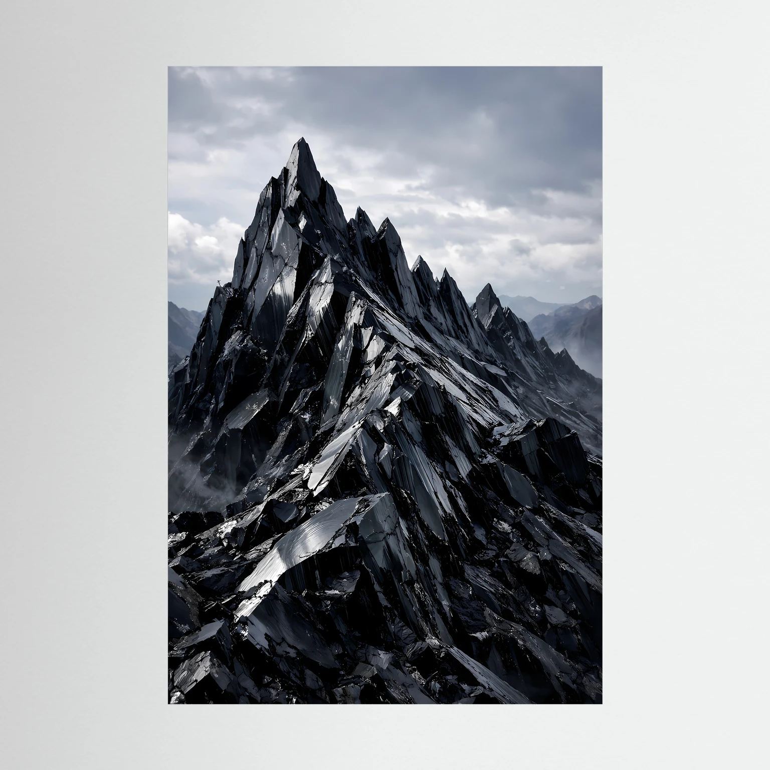 Hochformatiges Poster mit schroffen schwarzen Bergen und silbergrauen Akzenten