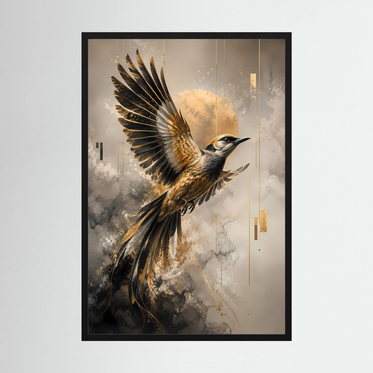 Hochformat-Kunstposter: Paradiesvogel im Flug, schwarz-gold, mit schwarzer Einrahmung