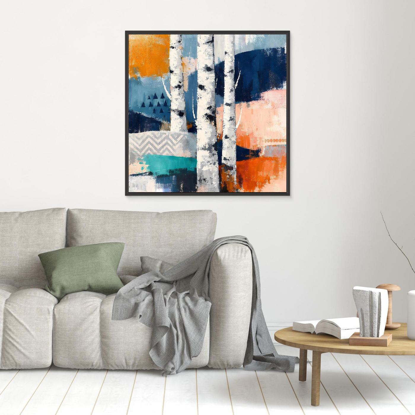 Leinwandbild mit abstrakten Birkenstämmen in Weiß, Blau- und Orangeflächen, schwarz gerahmt