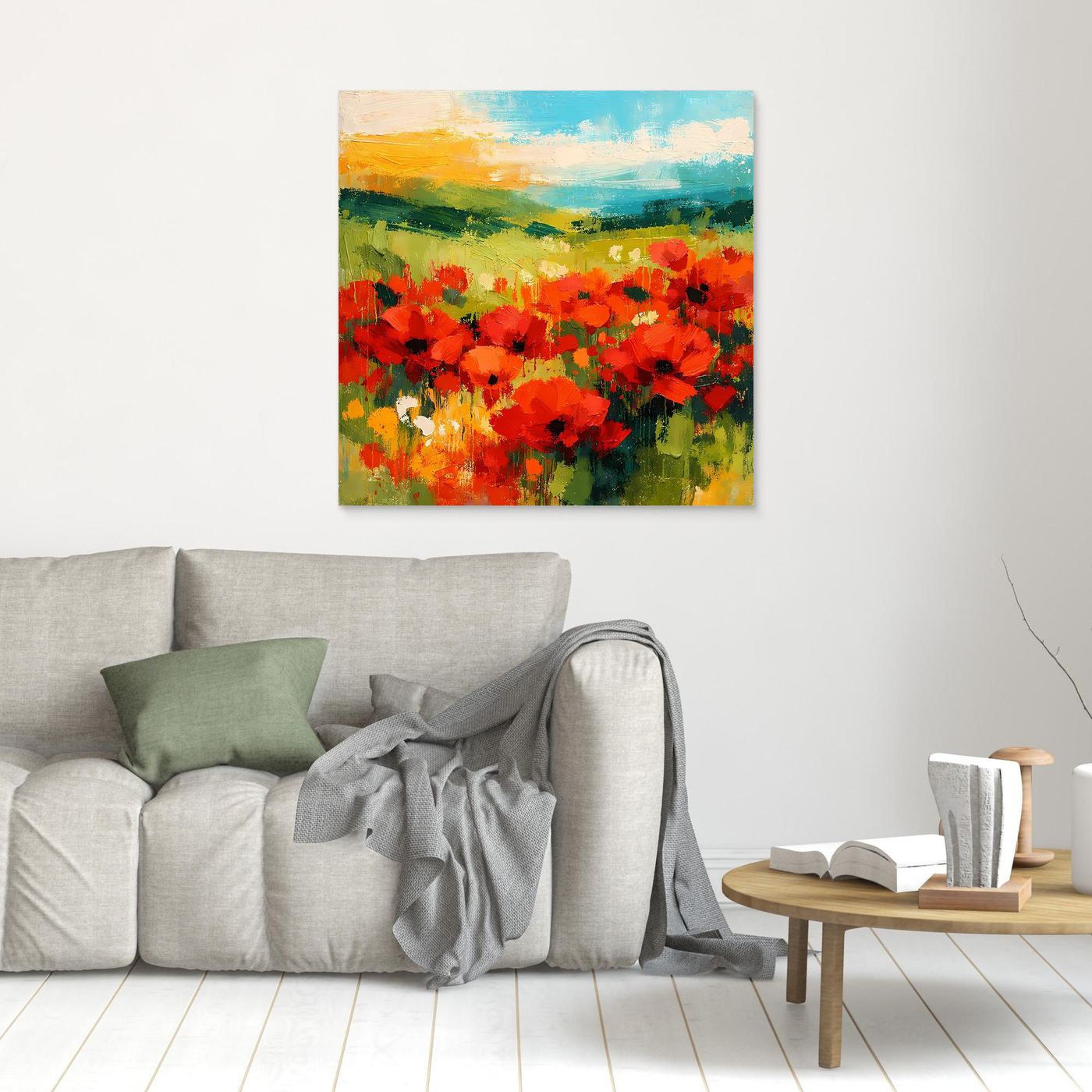 Abstract landscape wall art with red poppies and green fields; small unframed print