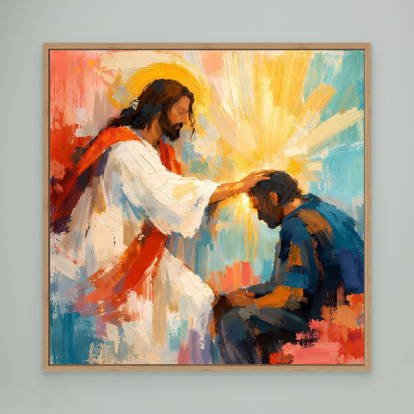 Oak-framed canvas wall art: Jesus extends a blessing to a praying man, sunburst glow