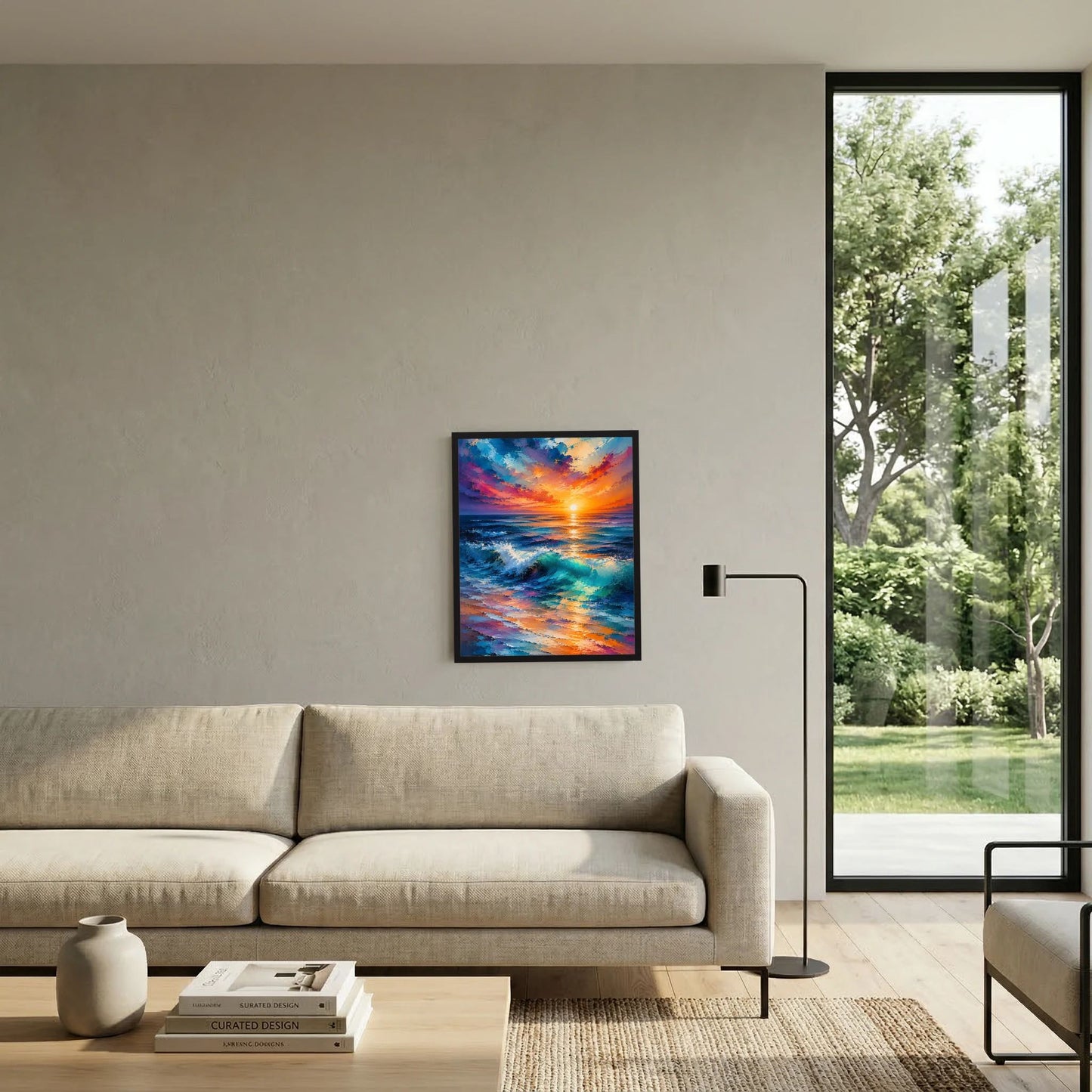 Poster im dunklen Rahmen, Hochformat: Sonnenuntergang am Meer mit blau-orangefarbenen Wellen