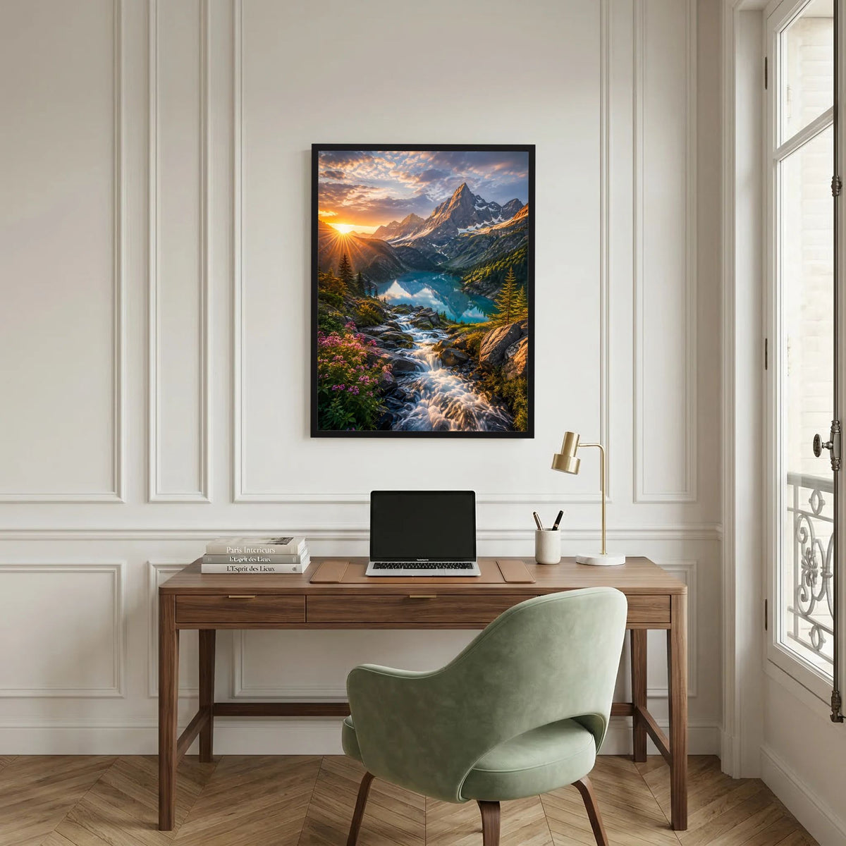 Gerahmtes Poster mit majestätischen Bergen, Wasserlauf und Sonnenuntergang am Horizont