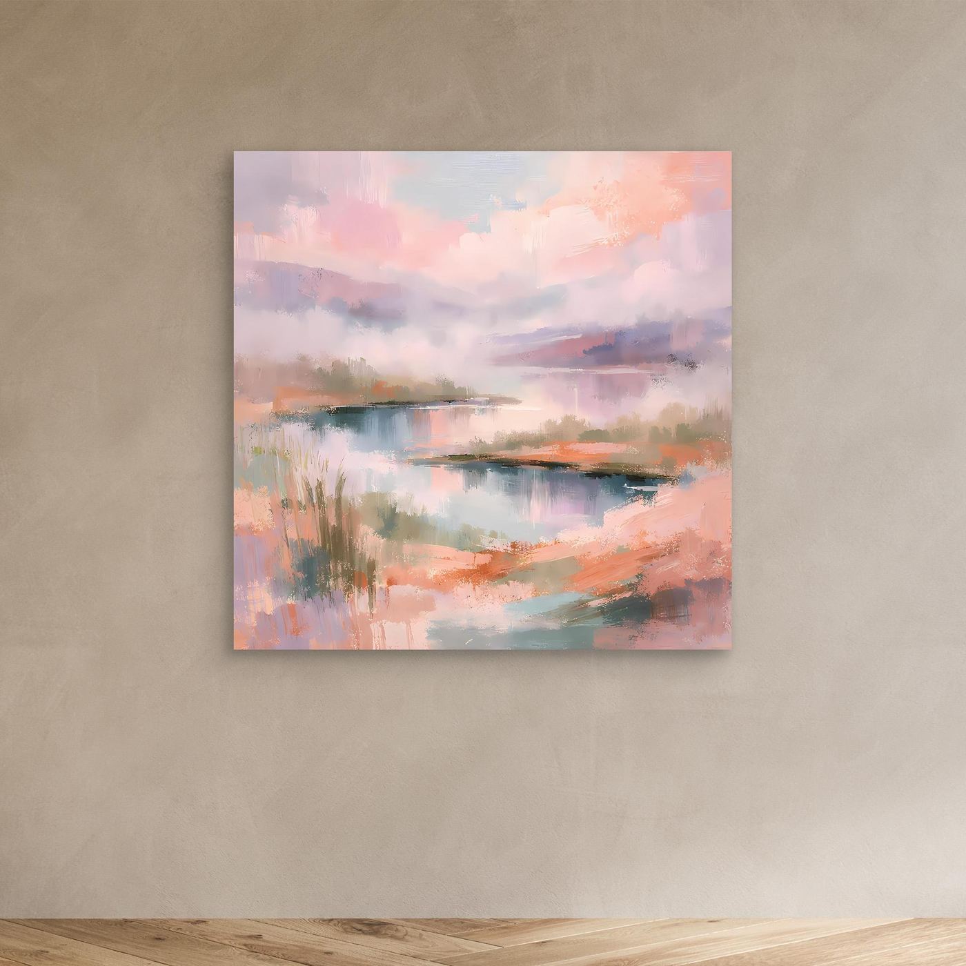 Abstraktes Leinwand-Wandbild mit Pastell-See und Ufer, ohne sichtbaren Rahmen