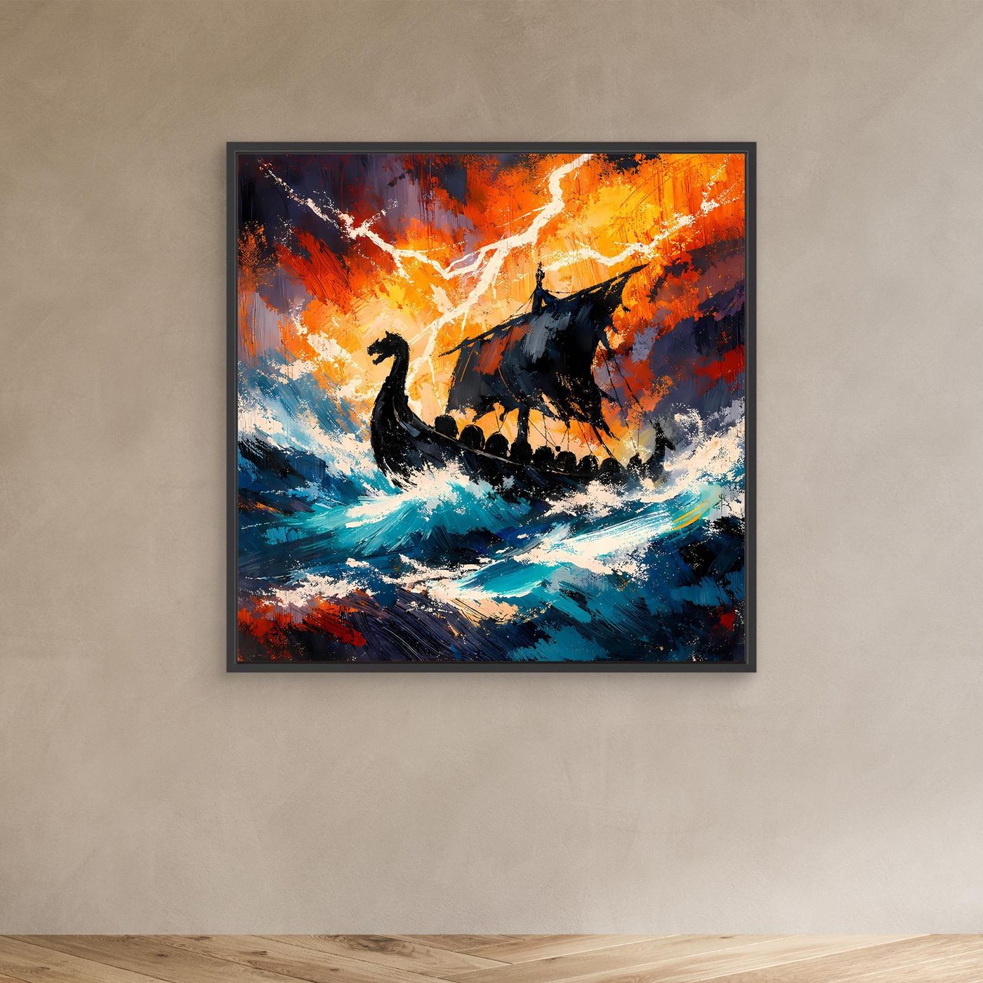 Leinwand Wikinger-Langschiff im Gewittersturm | Episches Nordisches Wandbild auf Keilrahmen
