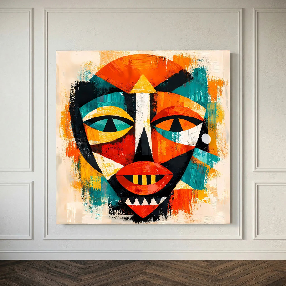 Abstraktes Leinwandbild einer afrikanischen Maske, orange, türkis, rot und weiß umrandet