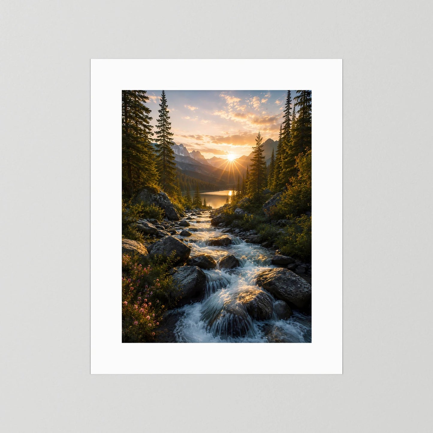 Hochformat-Poster mit weißem Rand: Bachlauf zwischen Tannen, Sonne tief am Horizont.
