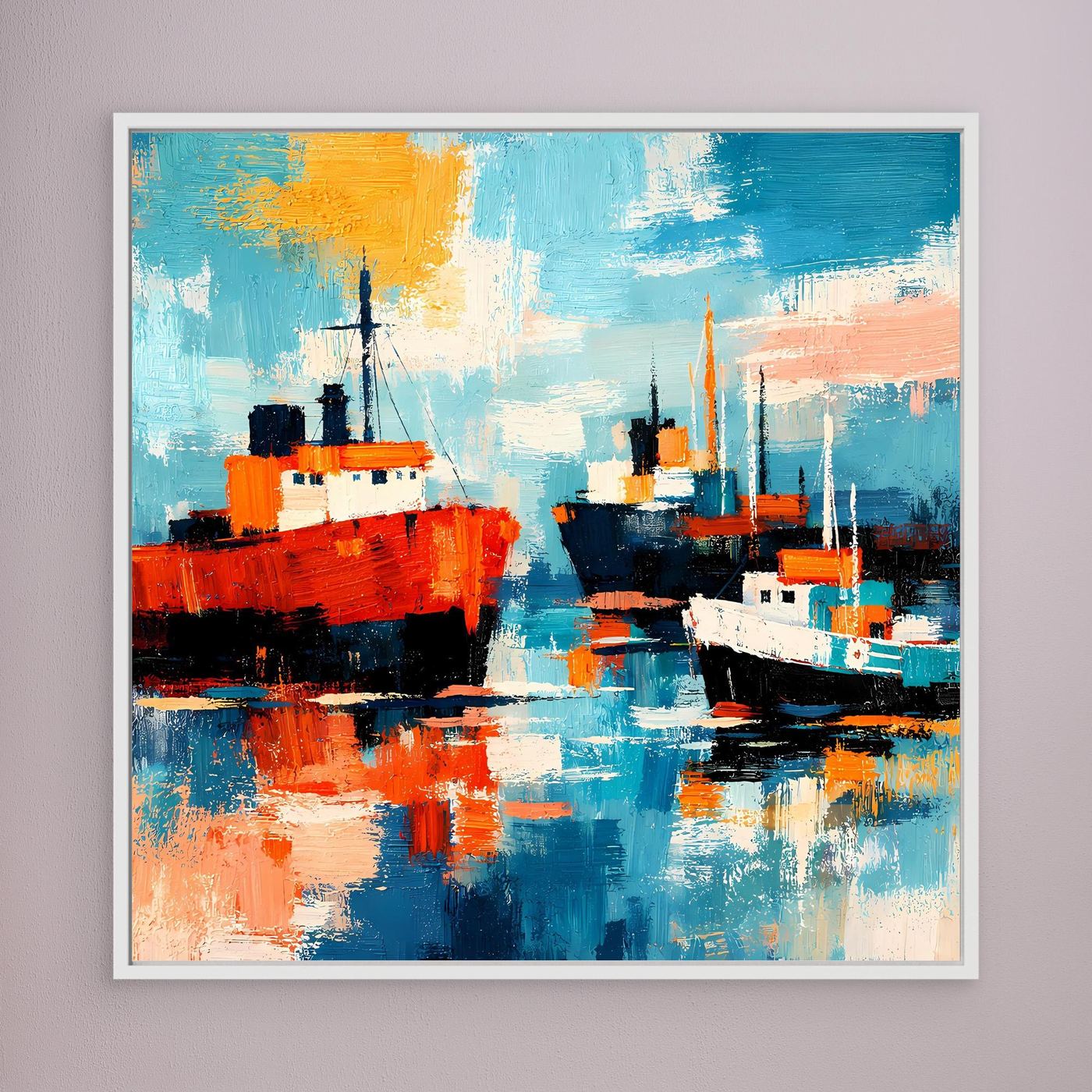 Leinwand-Wandbild mit abstrakten Schiffen im Hafen, hell gerahmt