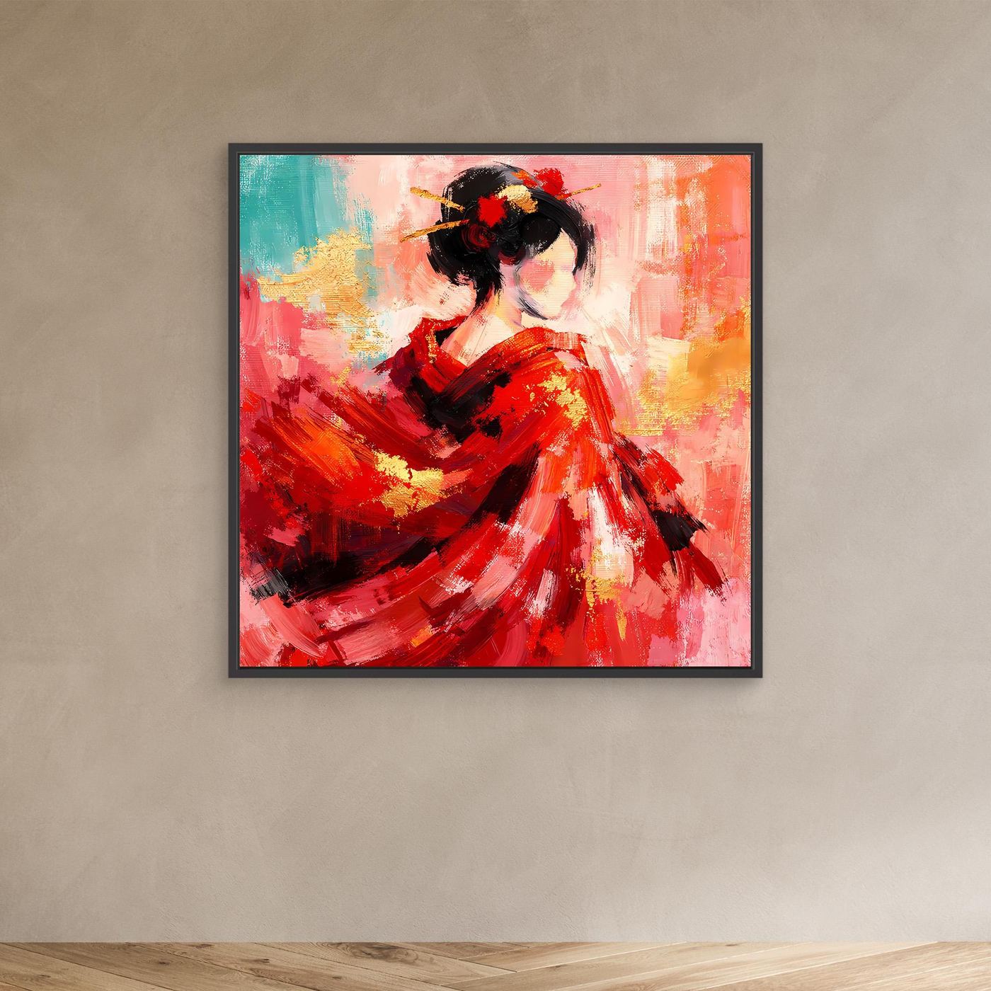 Leinwandbild mit Geisha-Porträt in Rot und schwarzem Haar, mit schwarzem Rahmen