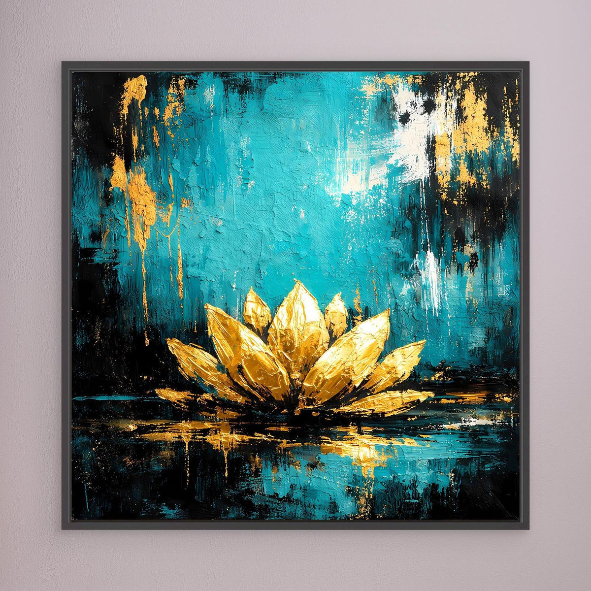 Leinwand-Wandbild mit abstrakter Lotusblüte in Türkis und Gold, dunkel gerahmt
