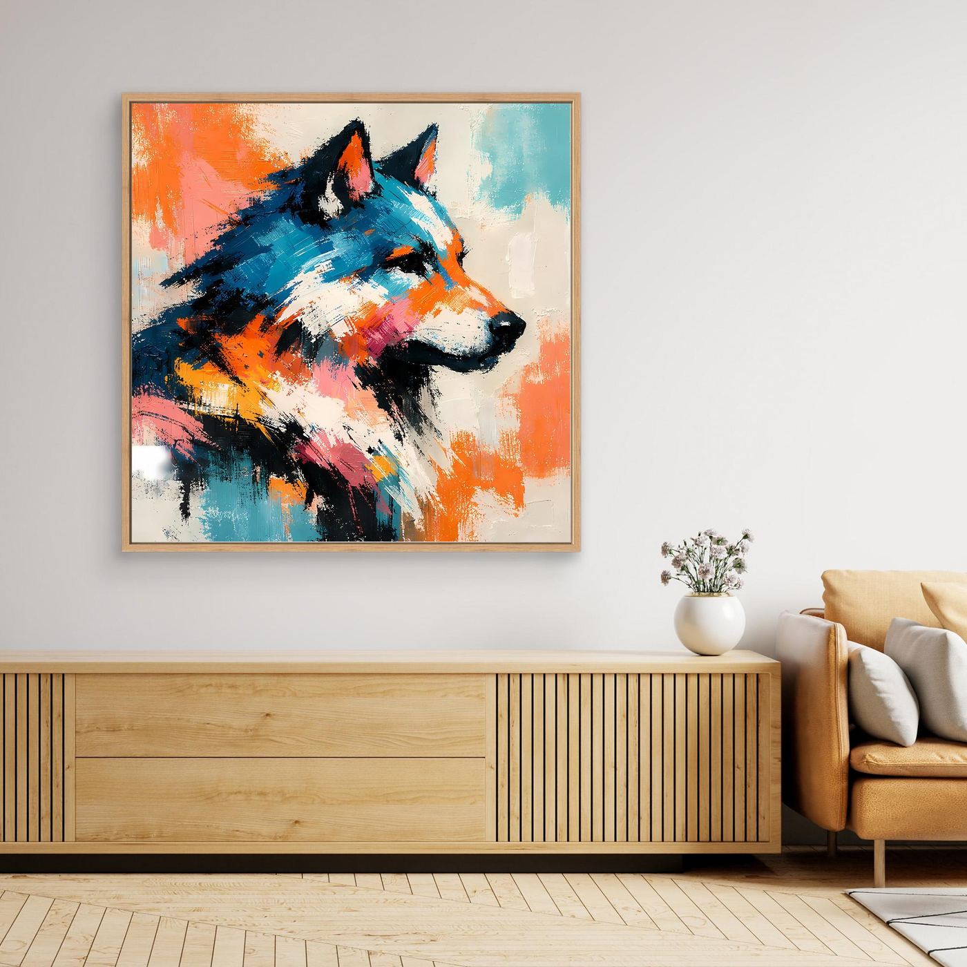 Leinwandbild mit abstraktem Wolf im Pop-Art-Stil im hellen Rahmen, farbenfrohes Blau-Orange-Motiv