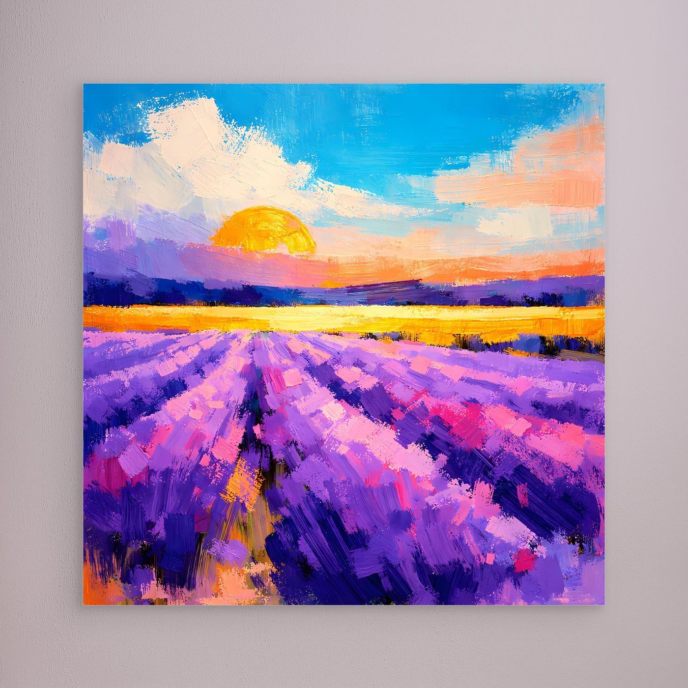 Wandbild auf Leinwand mit violettem Lavendelfeld und orangefarbener Sonne, ohne Rahmen