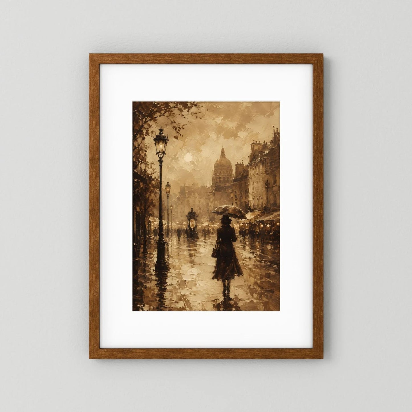 Hochformatiges Sepia-Stadtposter mit Laternen und Frau mit Regenschirm, Holzrahmen mit weißem Passepartout
