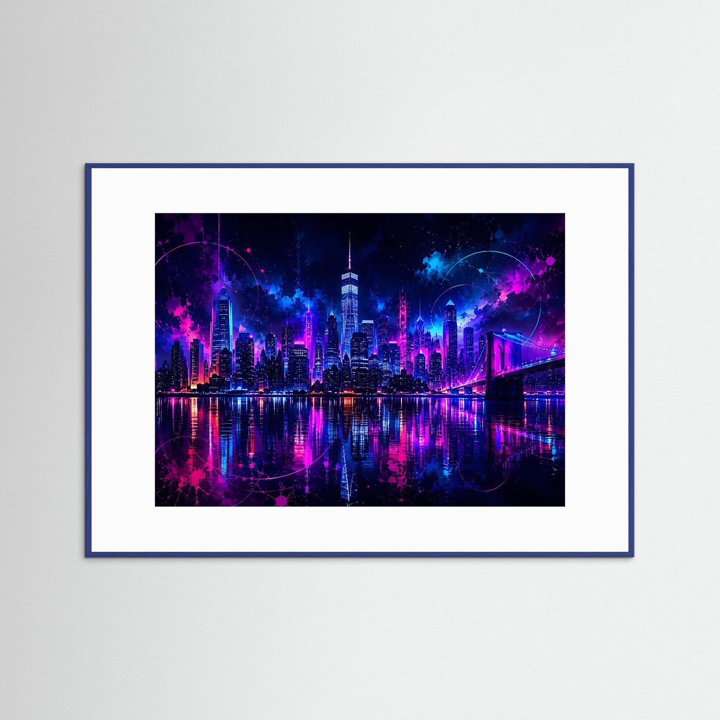 Neon New York Skyline Poster | Futuristische Cyberpunk Stadt bei Nacht | Moderne Wandkunst in Pink & Blau