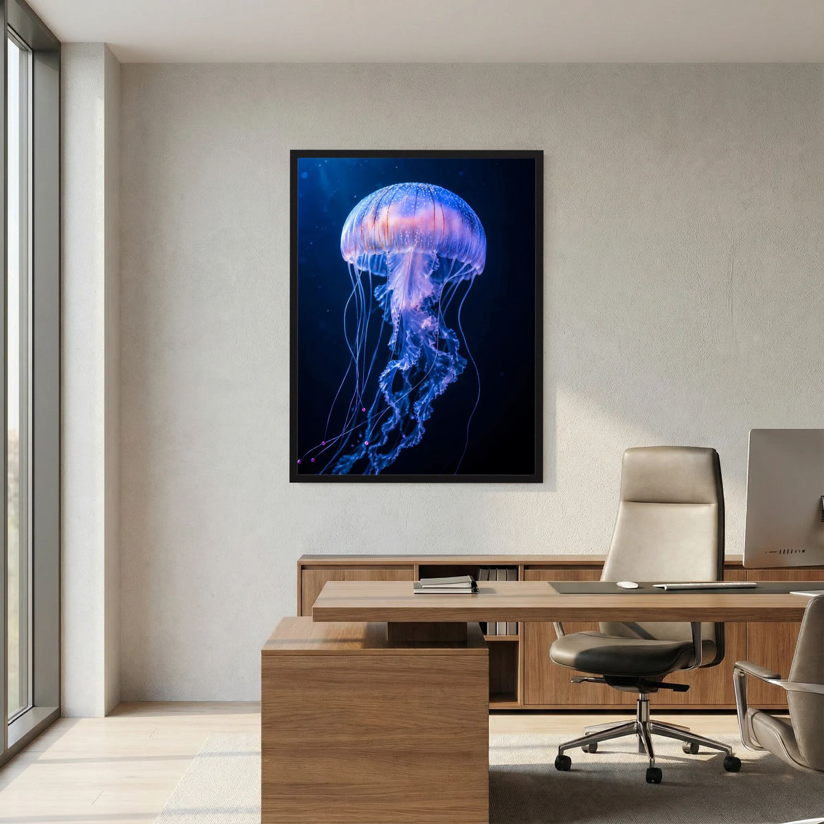 Wandposter mit leuchtender Qualle in Blau und Violett, quadratisch, schwarzer Rahmen