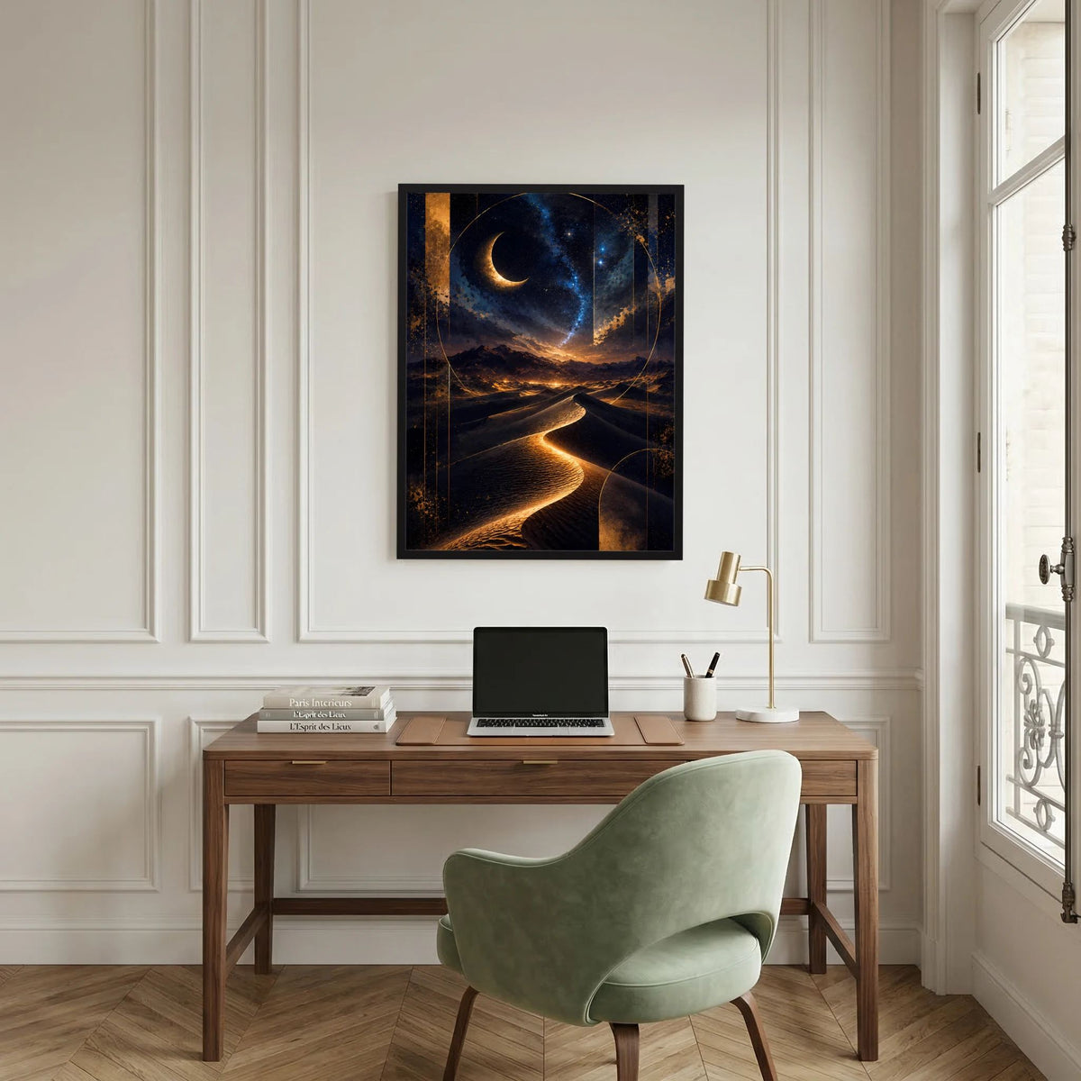 Gerahmtes Poster im Hochformat mit Mondsichel, Dünenlandschaft und Sternenbogen