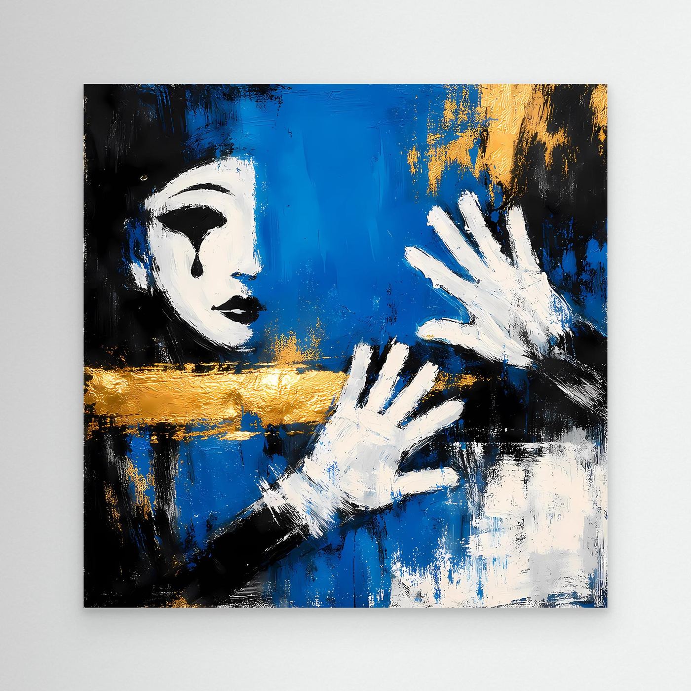 Leinwand Melancholischer Mime in Blau | Abstraktes Pierrot Wandbild Gold
