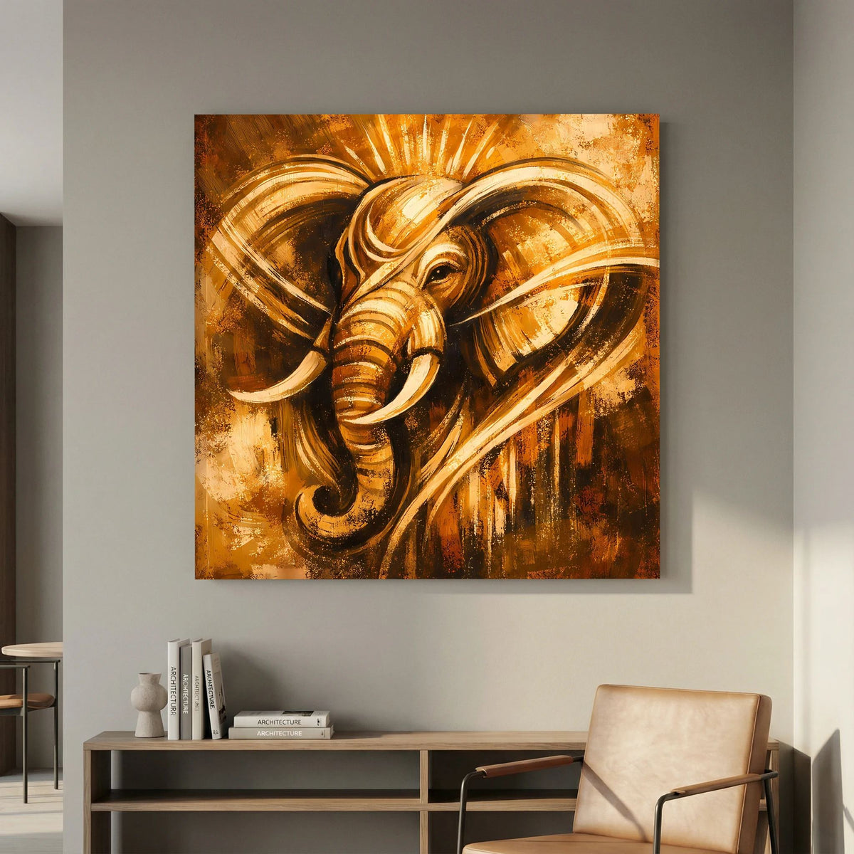 Abstraktes Leinwand-Wandbild mit goldener Elefantenkopf-Darstellung und strahlenförmigen Bögen