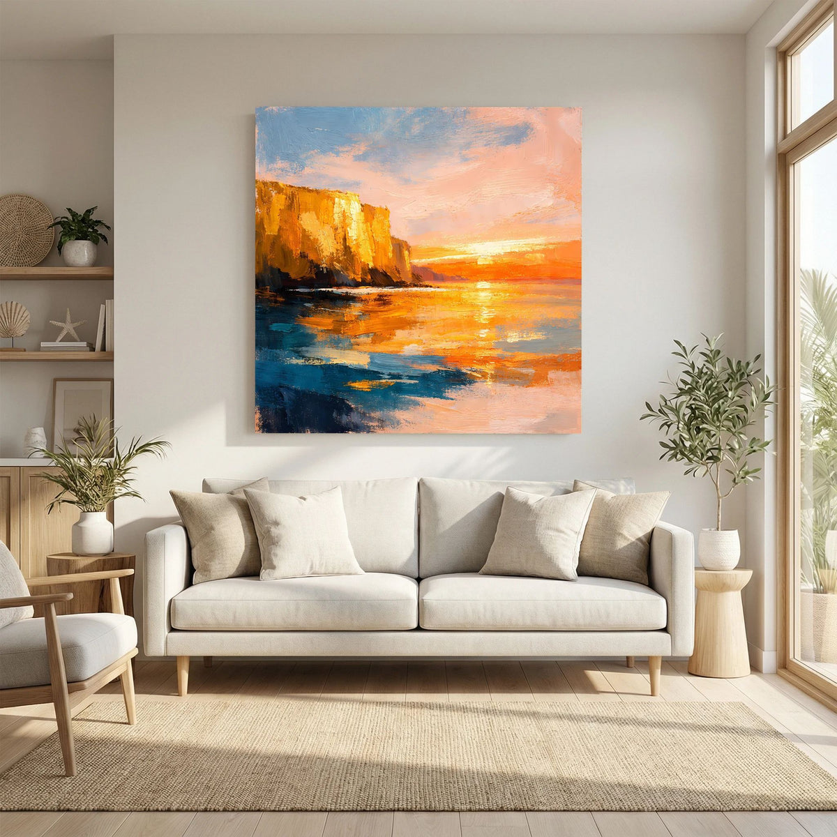 Abstraktes Sonnenuntergangs-Wandbild auf Leinwand: orange und blau, mit Küstenfelsen und Wasser