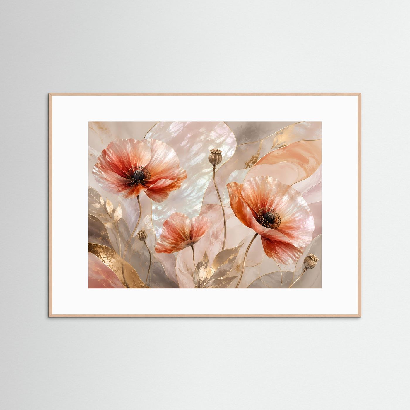 Gerahmtes Querformat-Poster mit floralen Mohnblumen, zartem Rosé und Perlmutt-Schimmer