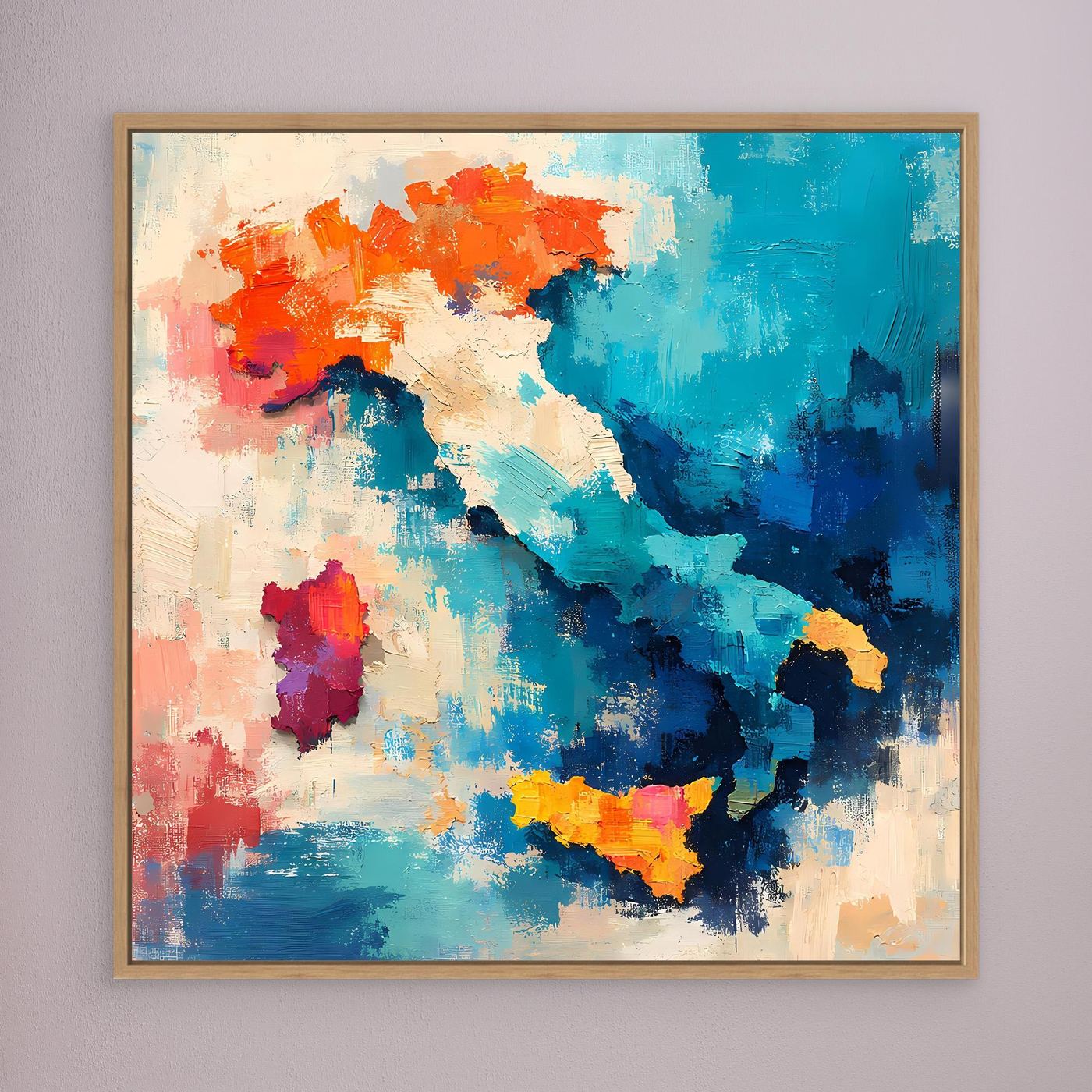 Abstract Italy map canvas wall art with light wood frame, blue and orange paint textures.