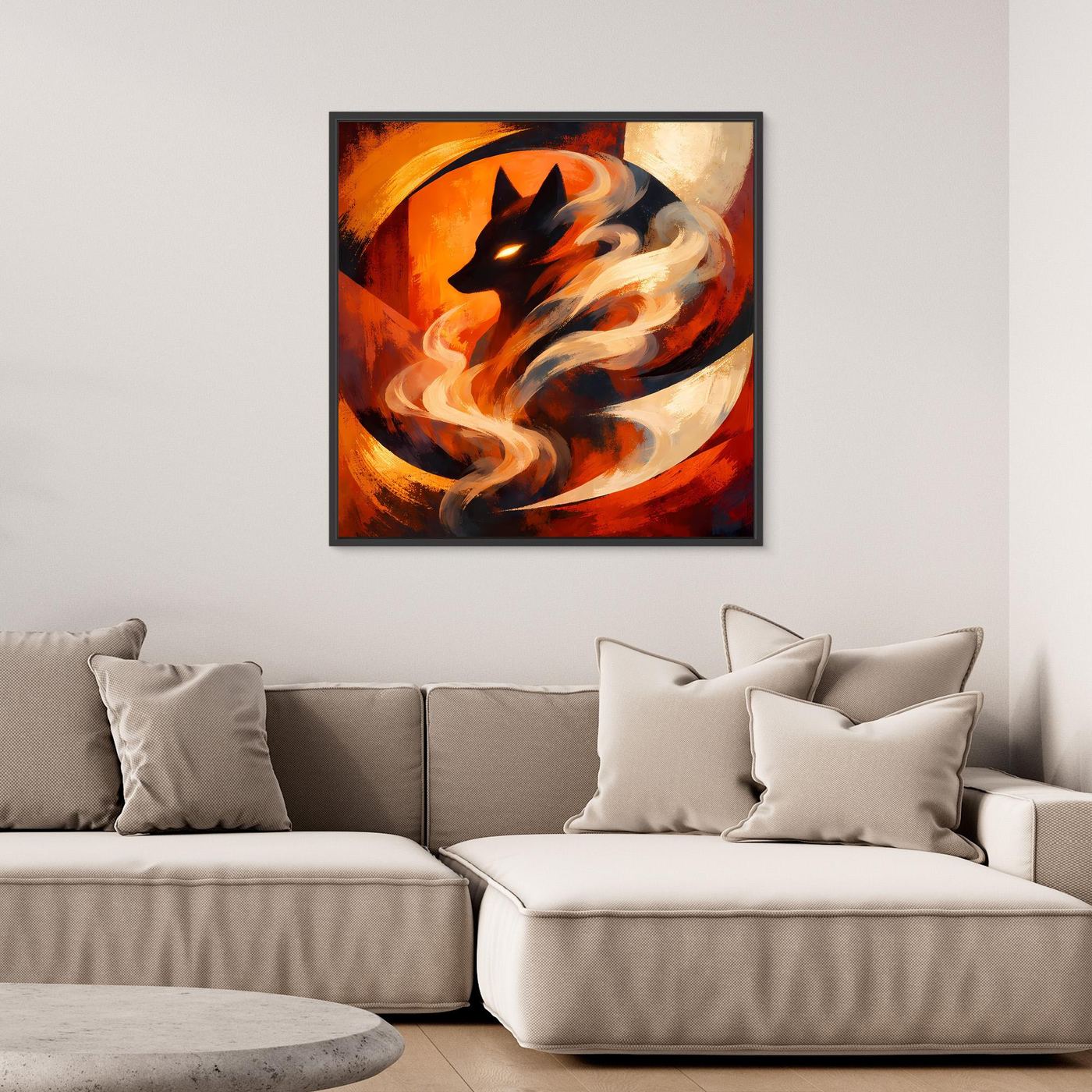 Leinwand-Wandbild mit schwarzem Rahmen: Feuernebel um einen Wolf, kräftige Farbflächen
