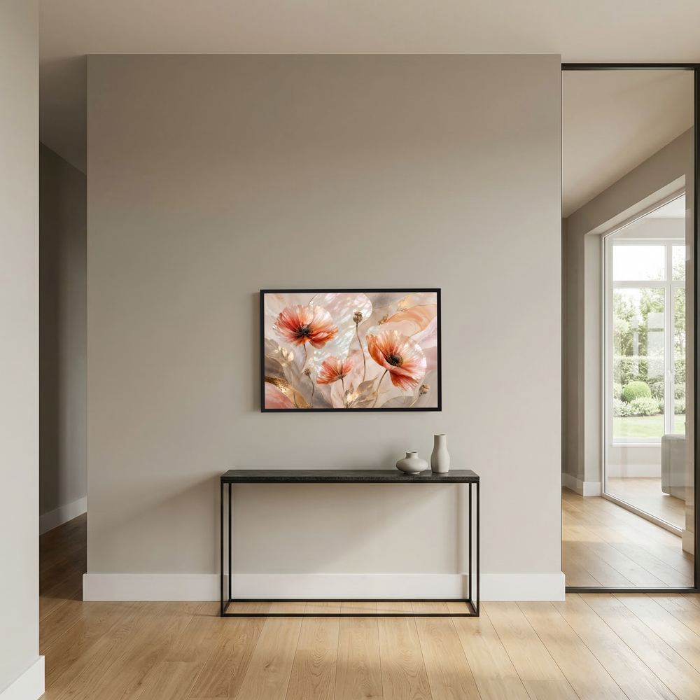 Wandbild im Querformat: gerahmtes Poster mit abstrakten Mohnblumen in Pastellfarben