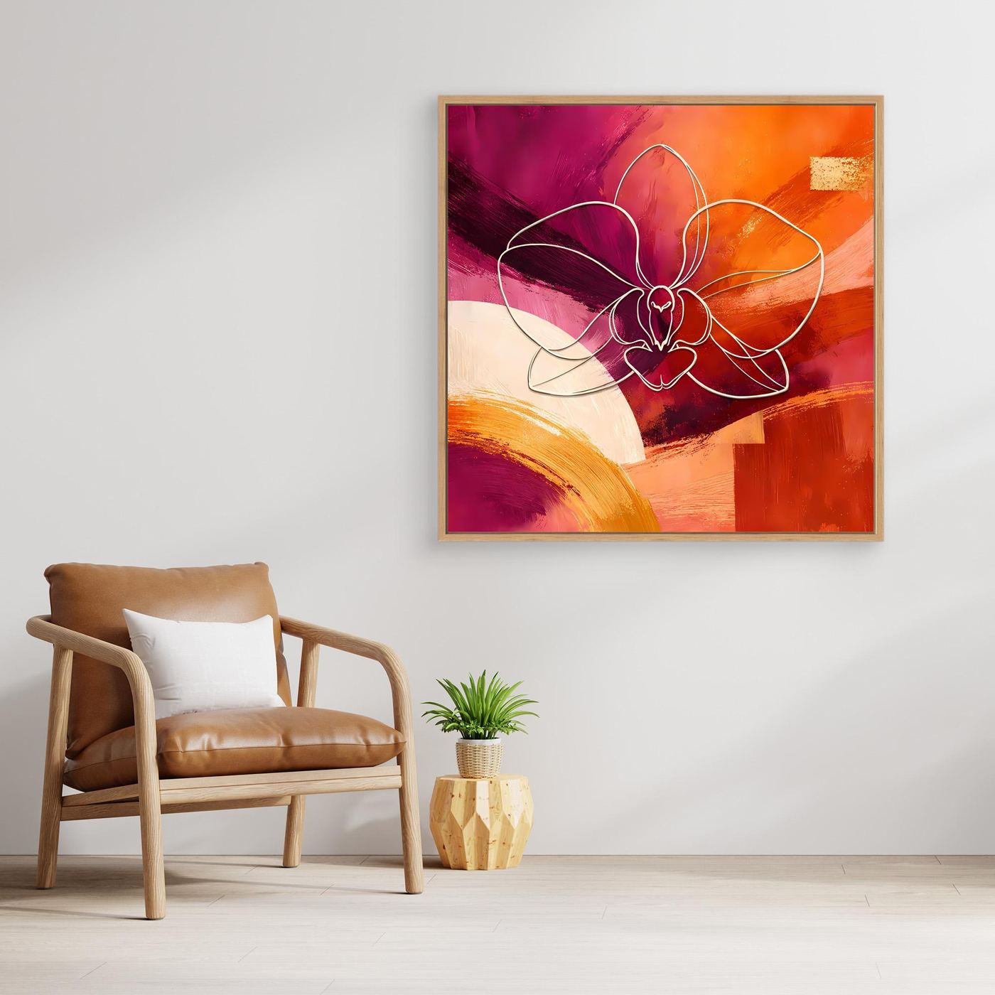 Quadratisches Leinwandbild Orchidee in Lila und Orange mit geschwungenen Linien, weißer Rahmen