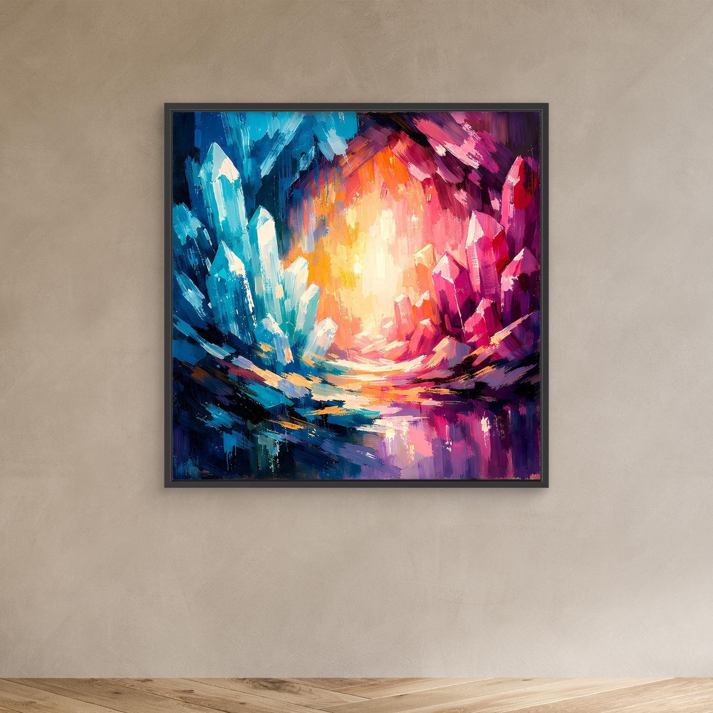 Black-framed abstract canvas wall art with blue, pink, and orange crystal burst