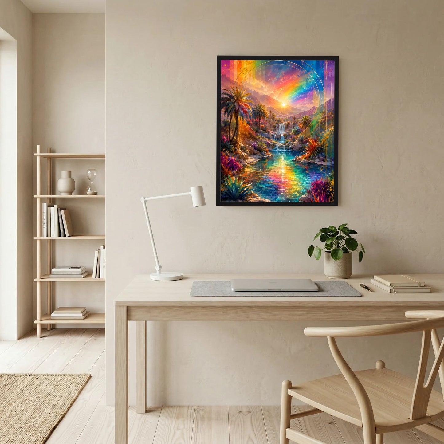 Gerahmtes Regenbogen-Wasserfall-Poster mit Palmen, farbenfrohe Flusslandschaft.