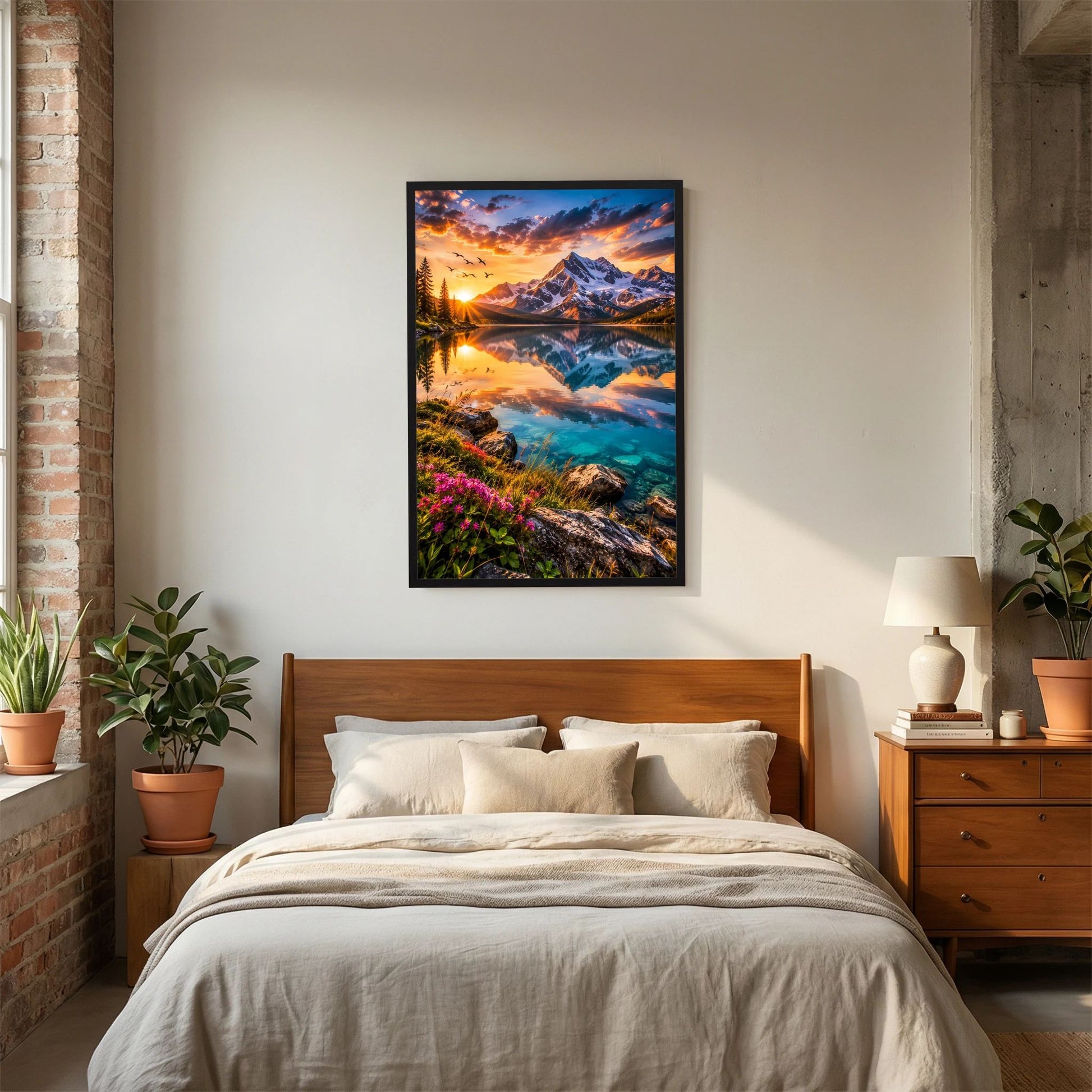 Poster Hochformat im Schlafzimmer: Alpensee bei Sonnenuntergang mit Bergspiegelung