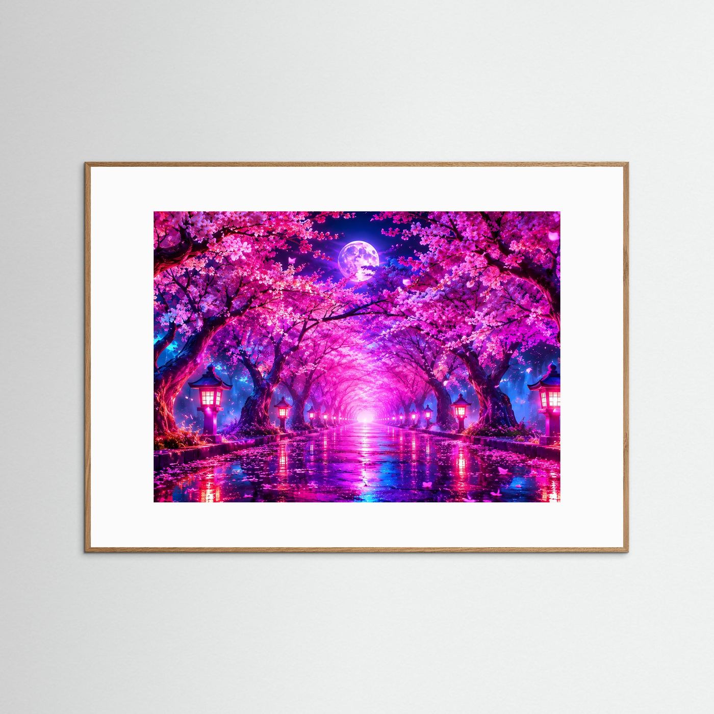 Kirschblüten Allee Wandbild Neon | Japan Poster Sakura Nacht | Leuchtender Vollmond | Fantasy Landschaft | Moderne Leinwand Wandkunst