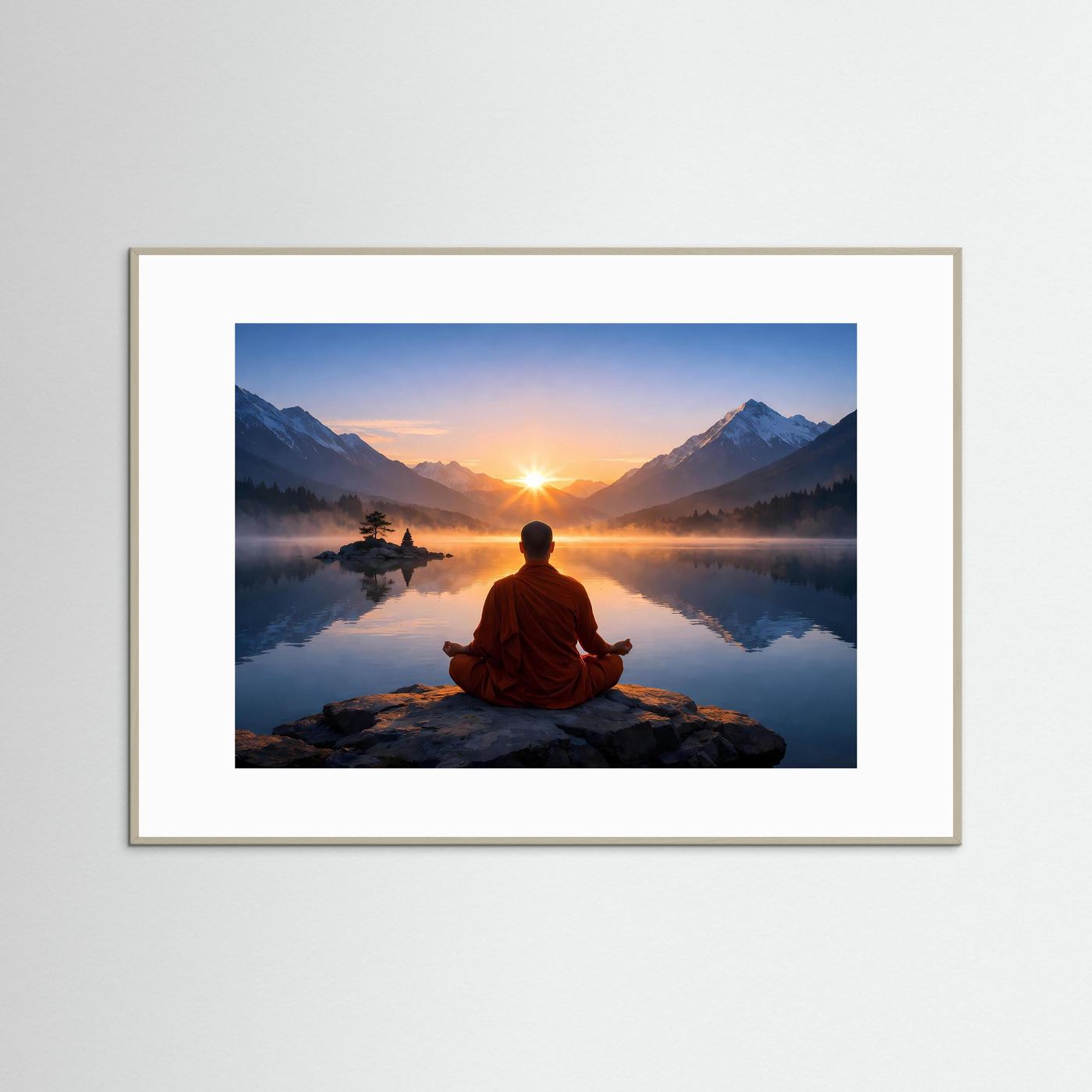 Poster mit meditierendem Mönch am See bei Sonnenaufgang, heller Rahmen, Querformat