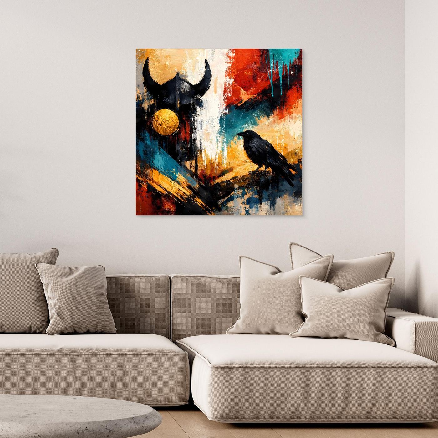 Leinwand-Wandbild mit schwarzem Raben und Odin-Gestalt, abstrakt in Blau, Rot, Gold
