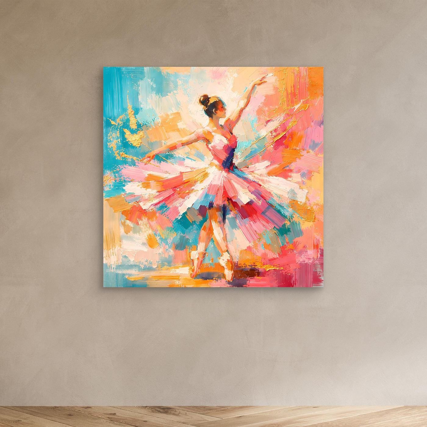 Abstraktes Leinwandbild mit Ballerina in bunten Farbflächen, ohne Rahmen