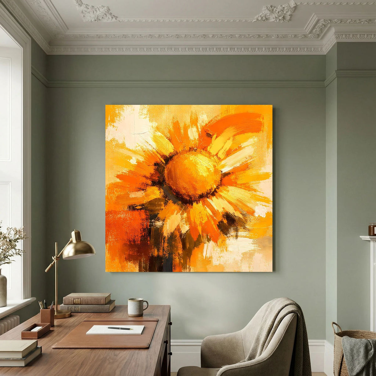 Leinwand Abstraktes Sonnenblumen Gemälde | Modernes Florales Wandbild Gelb Orange