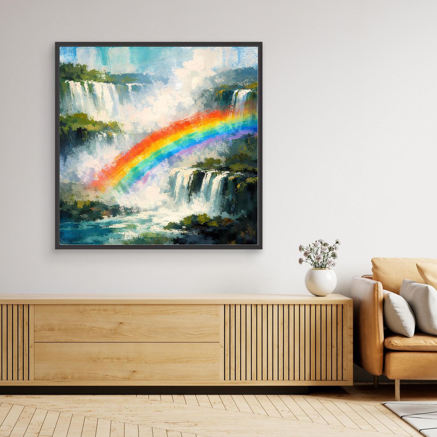 Leinwand-Wandbild mit abstrahierten Wasserfällen und Regenbogen, schwarz gerahmt