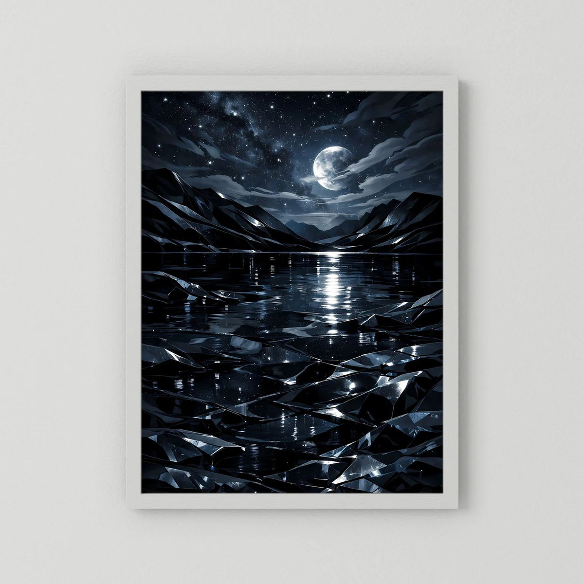 Hochformat-Poster mit weißem Rand: Mond über Nachtlandschaft, Sternenhimmel und spiegelndes Wasser