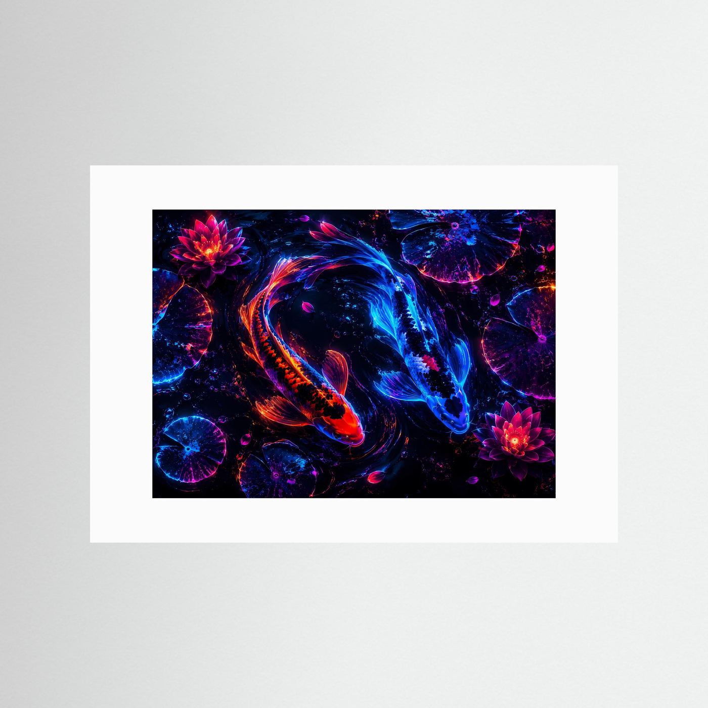 Neon Koi Yin Yang | Futuristisches Lotus-Wandbild in Blau, Pink & Orange